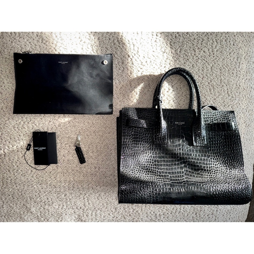Saint Laurent Sac De Jour Small Black Croc Embossed Leather Tote Bag NWT